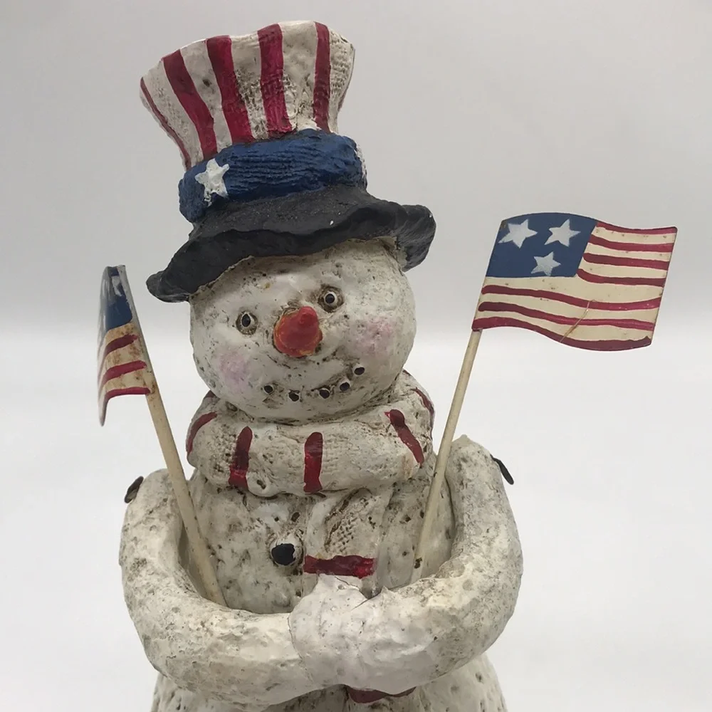 Vintage Patriotic Distressed Resin Snowman Figurine Holding American 🇺🇸 - Picture 2 of 8